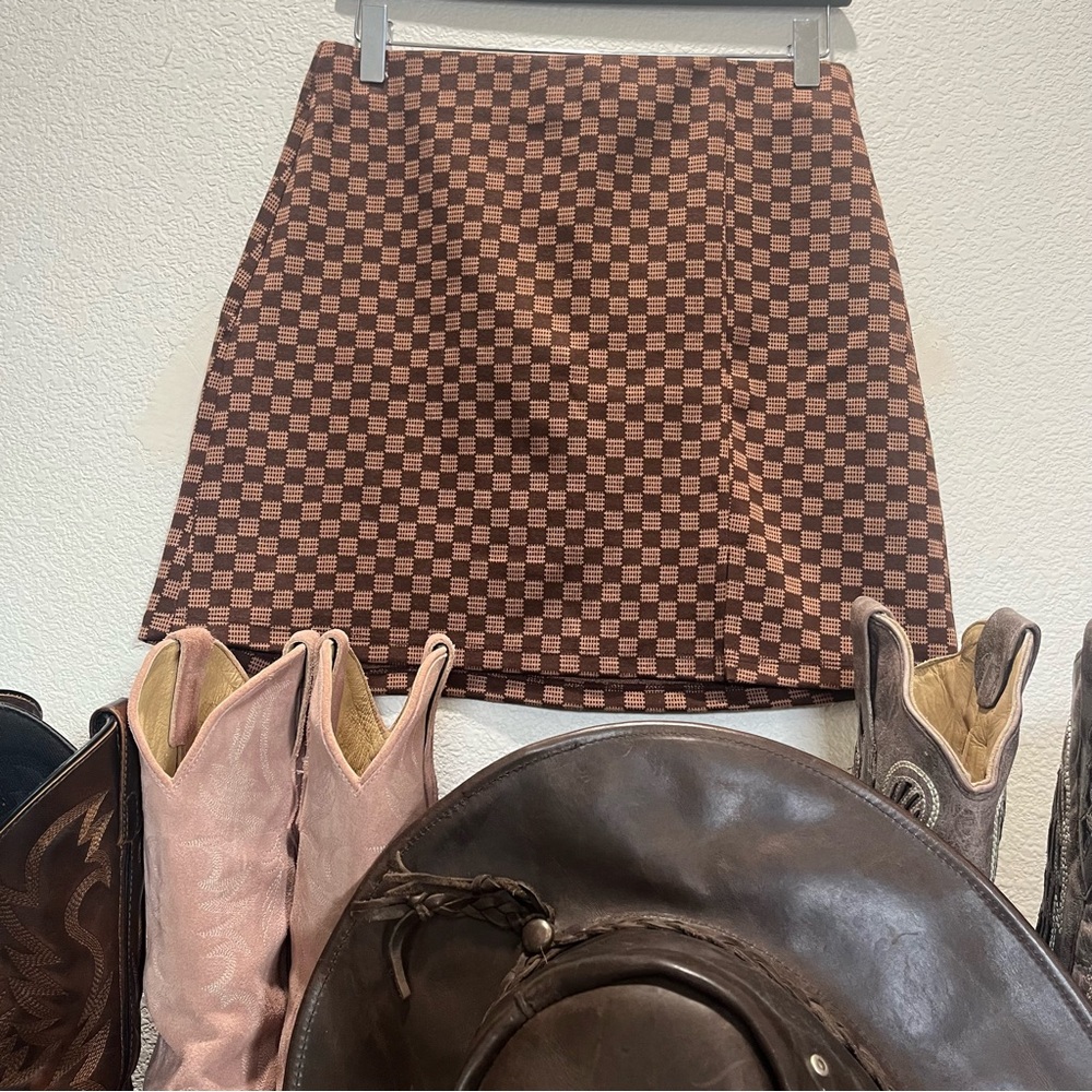 Brown Checkered Skirt Size Medium with Slit